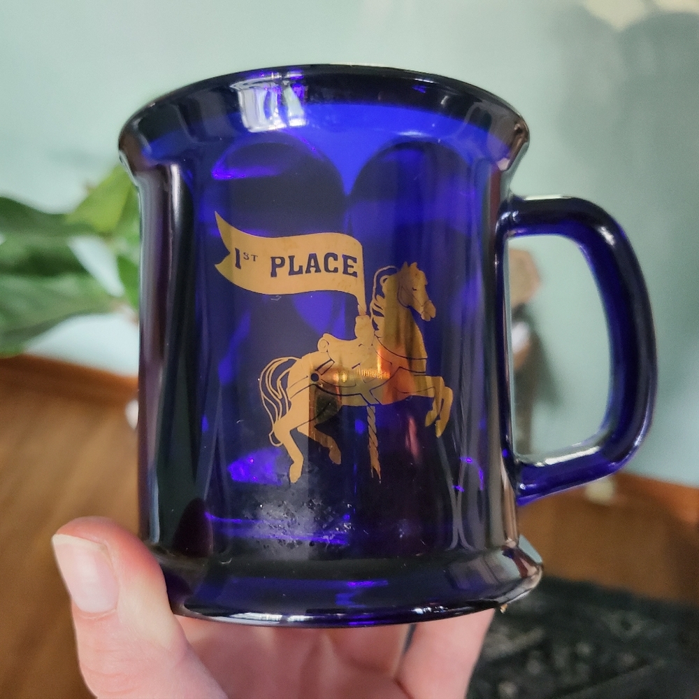 Vintage Cobalt Blue Glass Gold 1st Place Carousel Coffee Mug. USA 12 oz. D-169.